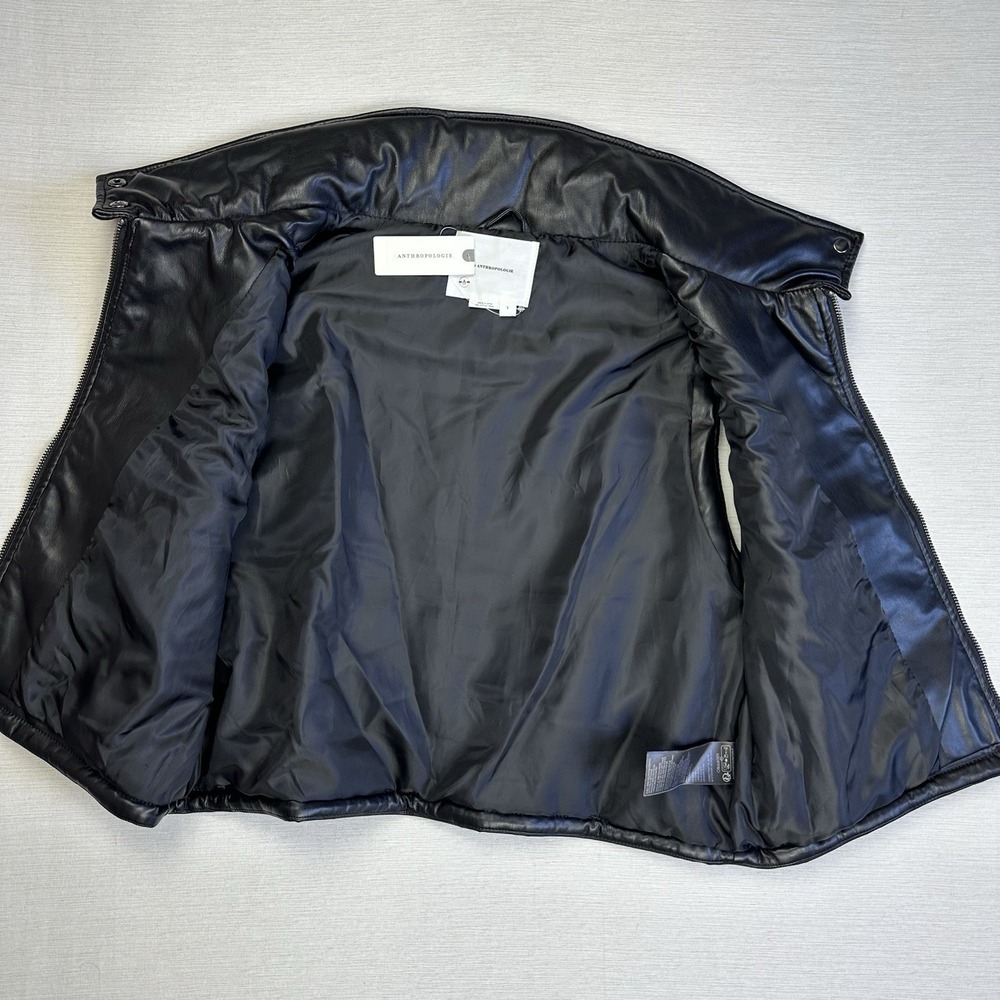 NWT Anthropologie Vest Black Faux Leather Quilted Puffer Full Zip Crop Women S - Picture 7 of 10